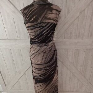 ZARA-Bodycon Mesh/Sheer Brown/Black Midi Tulle Dress-Size M